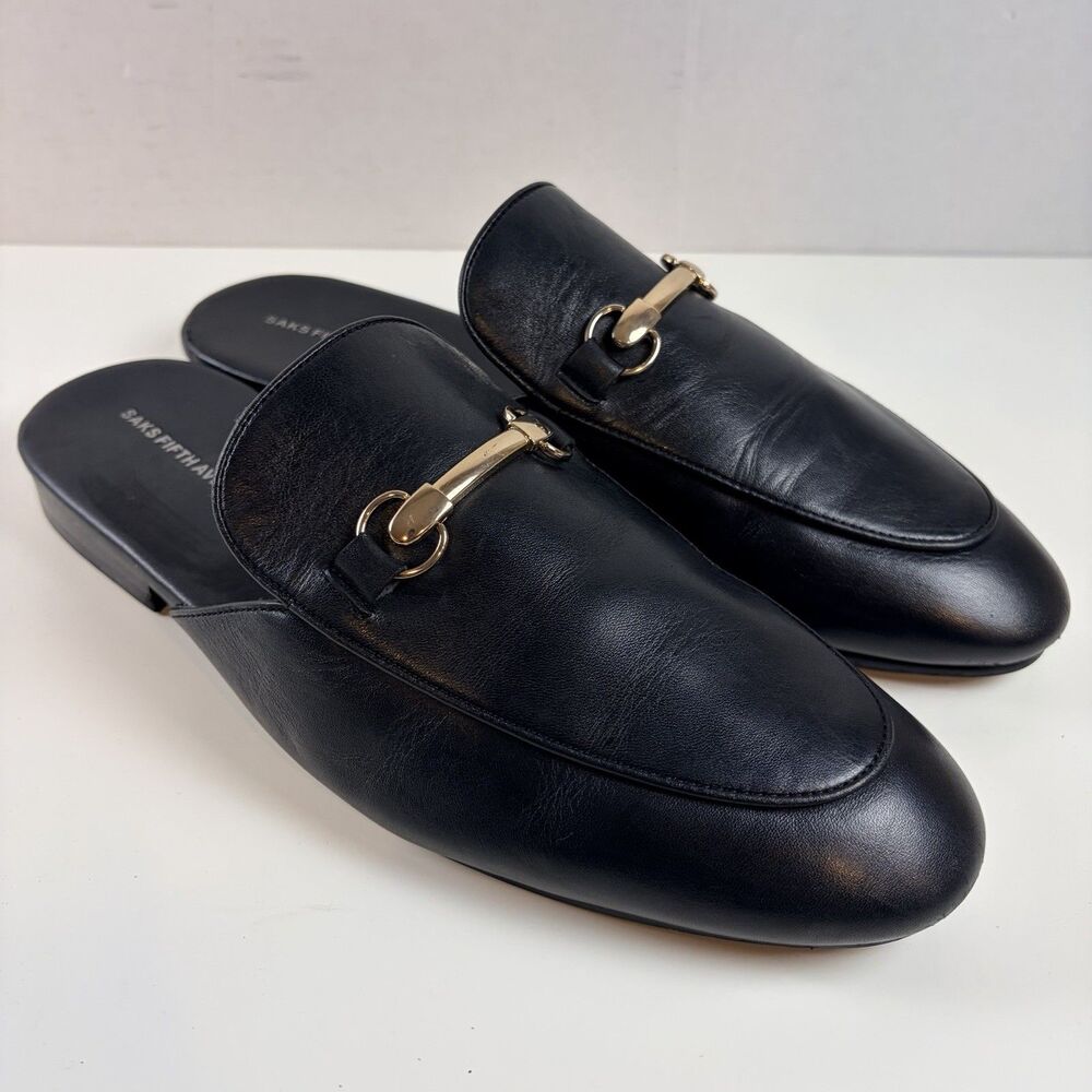 Saks Fifth Avenue Black Redford Leather Gold Buckle Mules Loafers Men’s 11 M